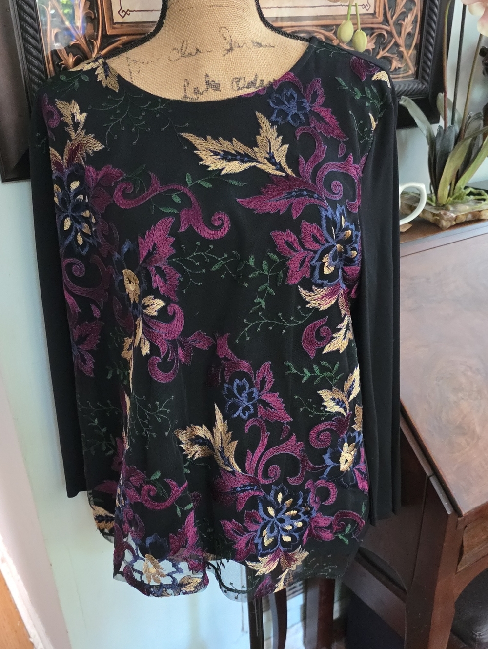 Liz Claiborne Black Long-Sleeve Top with Magenta, Gold & Blue Embroidery